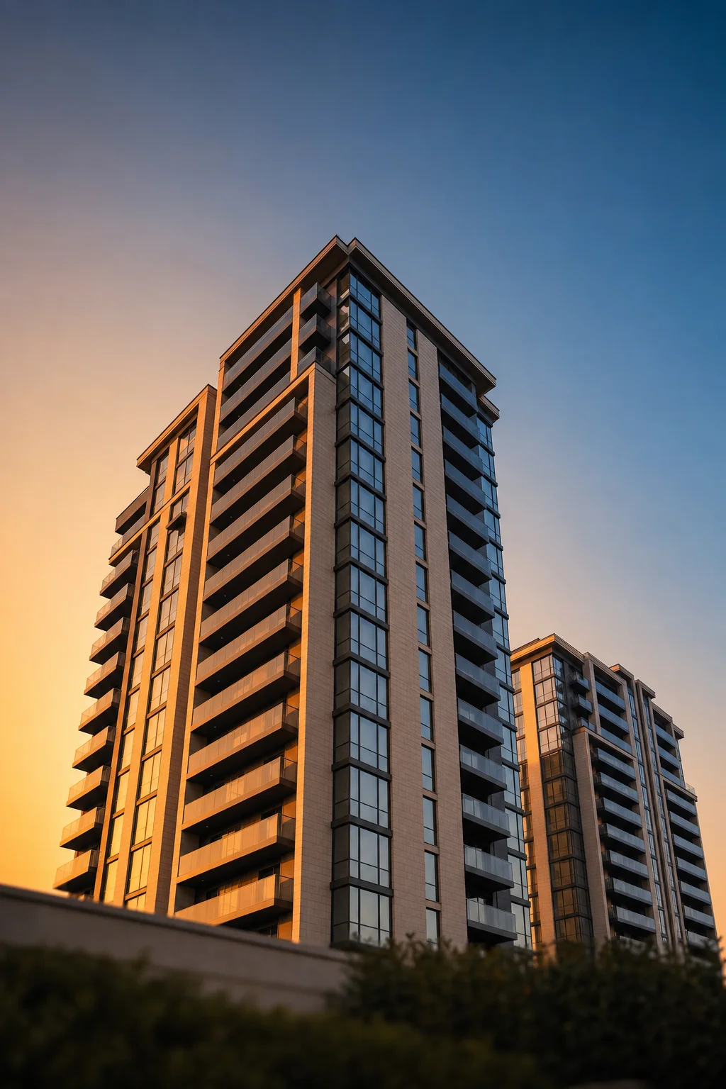 Modern multifamily residential towers at golden hour