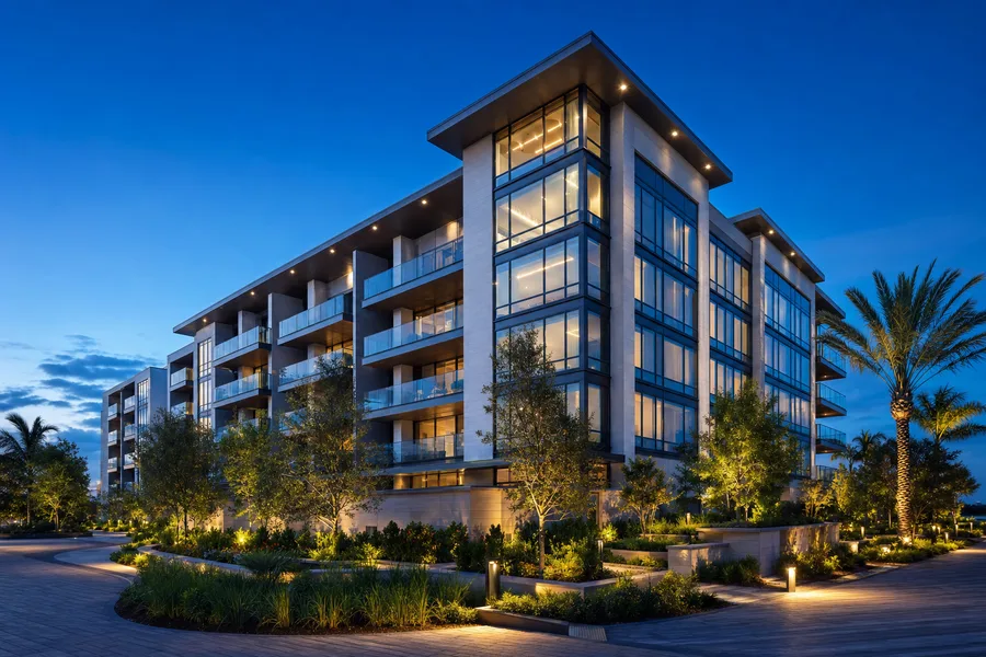 Stabilized institutional-quality multifamily building at dusk
