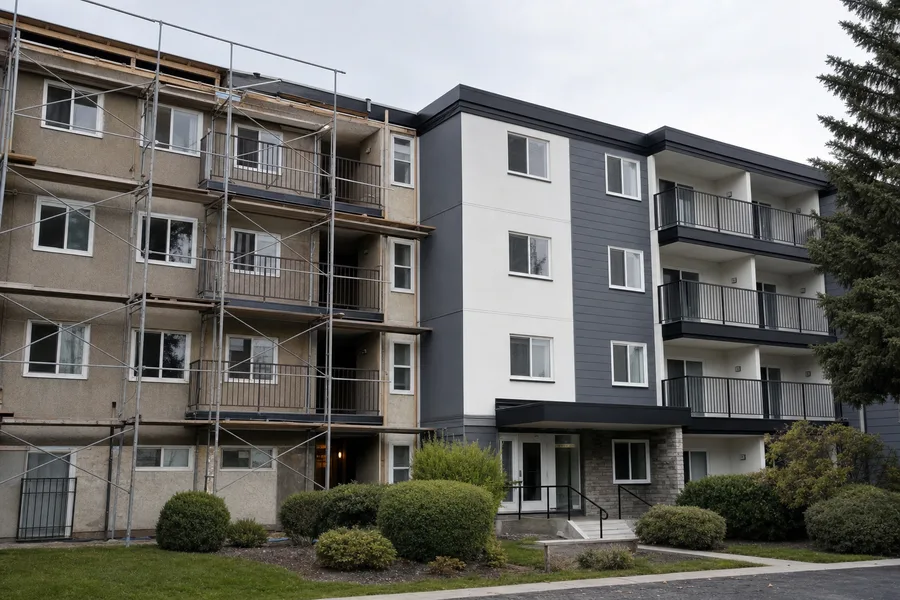 Apartment building undergoing exterior renovation and repositioning
